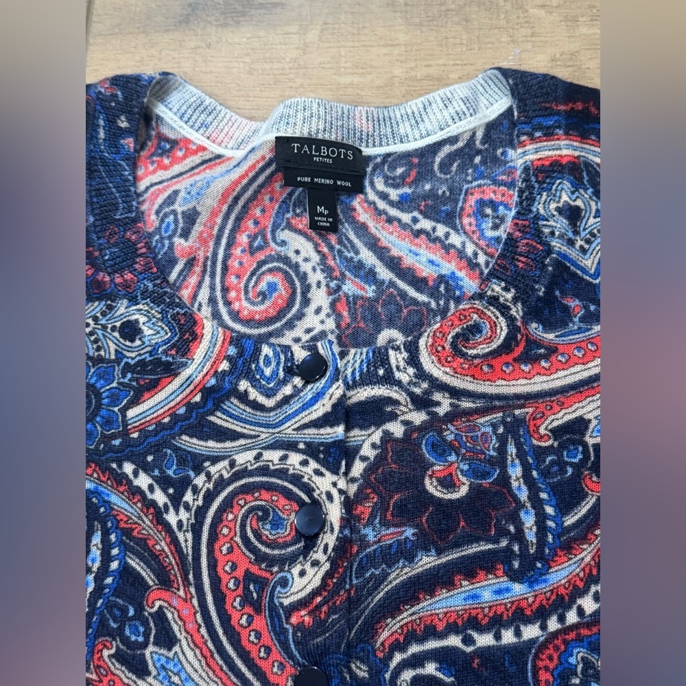 Petite Medium Talbots Paisley Knit Crew Neck Cardigan Excellent Condition!
